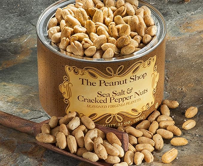 The Peanut Shop of Williamsburg Williamsburg Salted Virginia Peanuts, Salt and Pepper Peanuts with SEA Salt & Cracked Pepper, Gluten-Free Hand Cooked - 32 Oz Tin