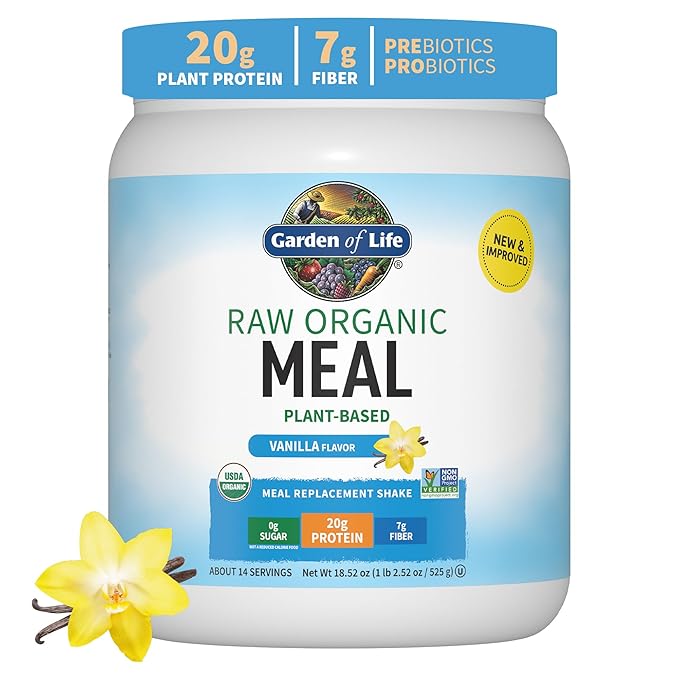Garden of Life Meal Replacement Shakes, Raw Organic, Vanilla Protein Powder with Plant Based Pea Protein, Sprouts, Greens, Probiotics, Dairy Free 14 Servings
