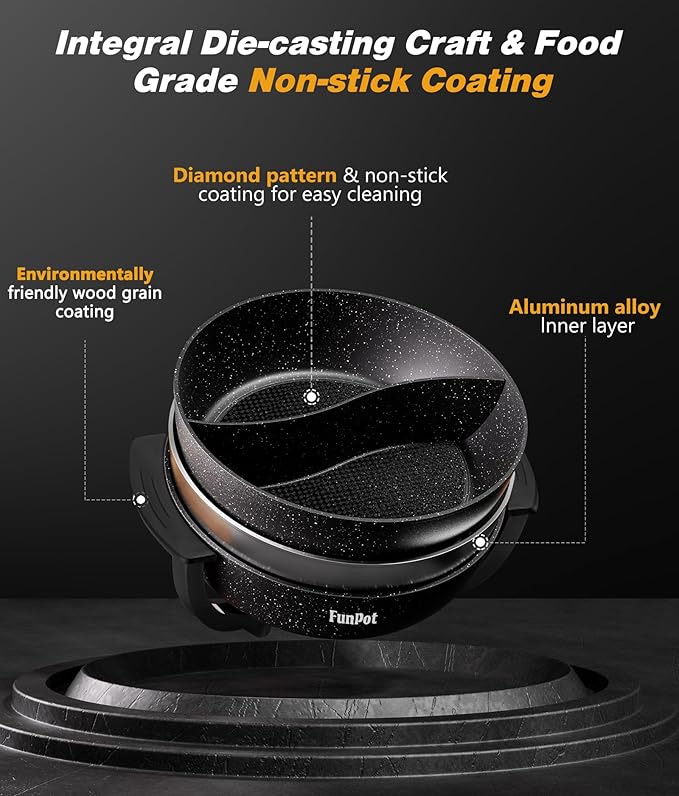 6L Electric Hot Pot with Black Graphene Handles, 1100W Adjustable Temperature Control, Non-Stick Coating, Dual Compartment & Overheat Safe (Simple On/Off Control)
