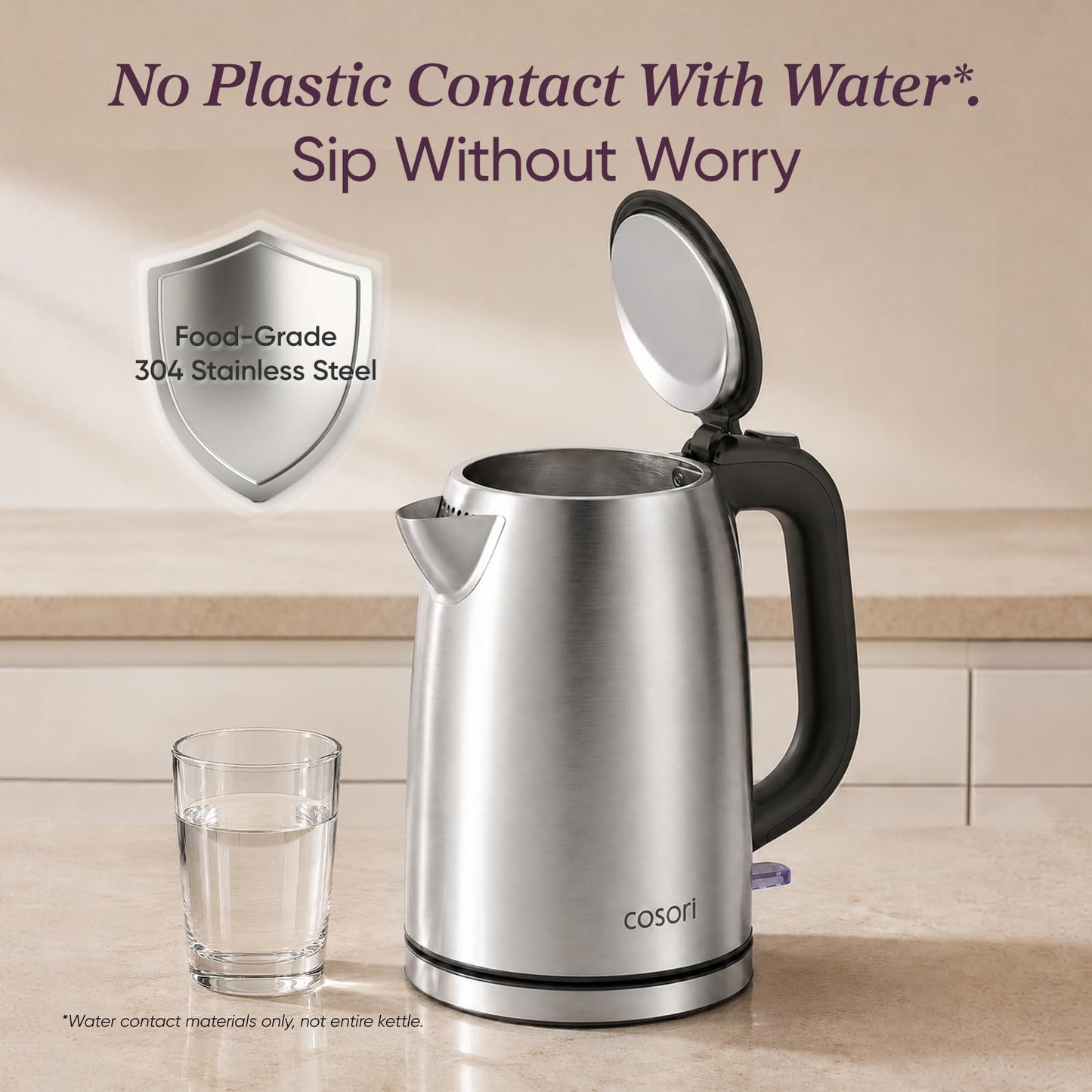 Cosori Stainless Steel Electric Kettle, No Plastic Contact with Water, 1.7L