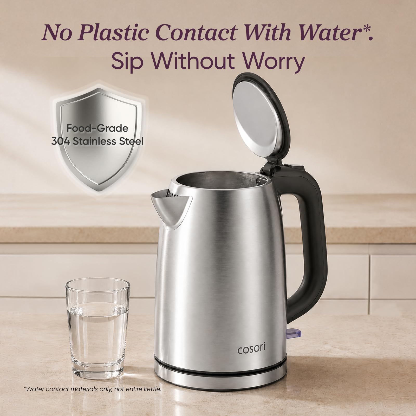 Cosori Stainless Steel Electric Kettle, No Plastic Contact with Water, 1.7L