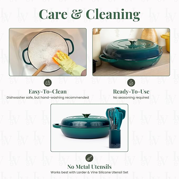 Larder & Vine Enameled Cast Iron Braiser | 3.6 qt Braiser Pan with Lid | Shallow Dutch Oven Compatible on All Cooktops | Casserole Dish Oven Safe to 500ì§?F | Dual Handles | Bondi