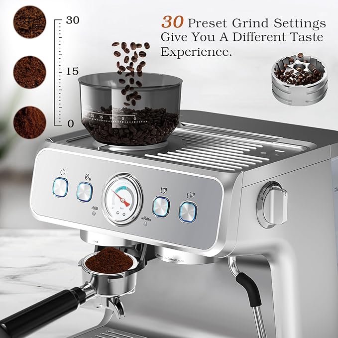 Espresso Machine, 20 Bar Semi-Automatic Espresso Machine with Grinder & Milk Frother Steam Wand, 1450W Home Cappuccino Latte Machine with Removable 95 Oz Water Tank, Stainless Steel