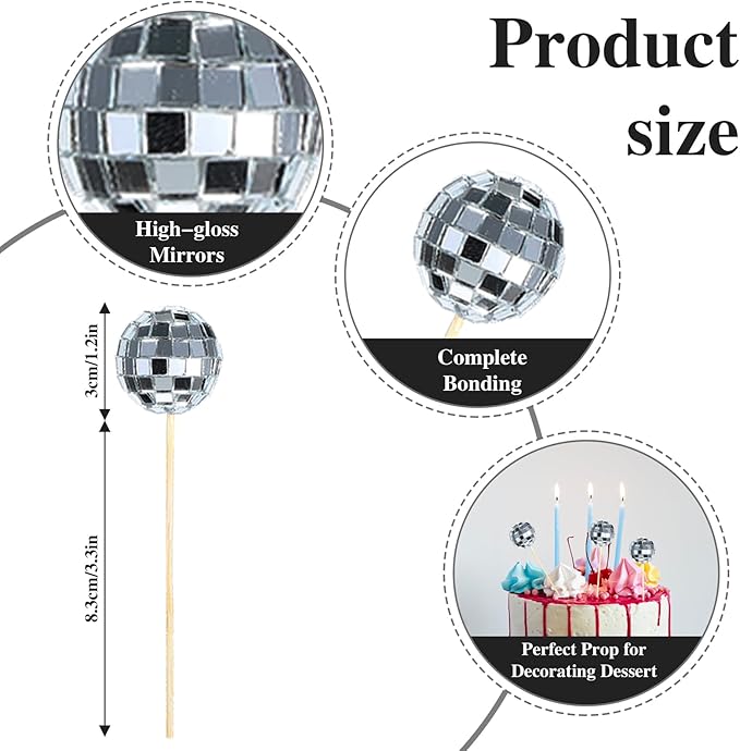 100 Pcs Disco Ball Cupcake Toppers, Happy Birthday Cake Picks Decorations Topper Accessories for 70s Theme Party Favor, Birthday Party, Anniversary