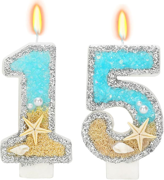 Birthday Candle for Cake, Beach Starfish Sequins Candles, 2.76 inch Cake Topper Decoration for Birthday Party (Number 15)
