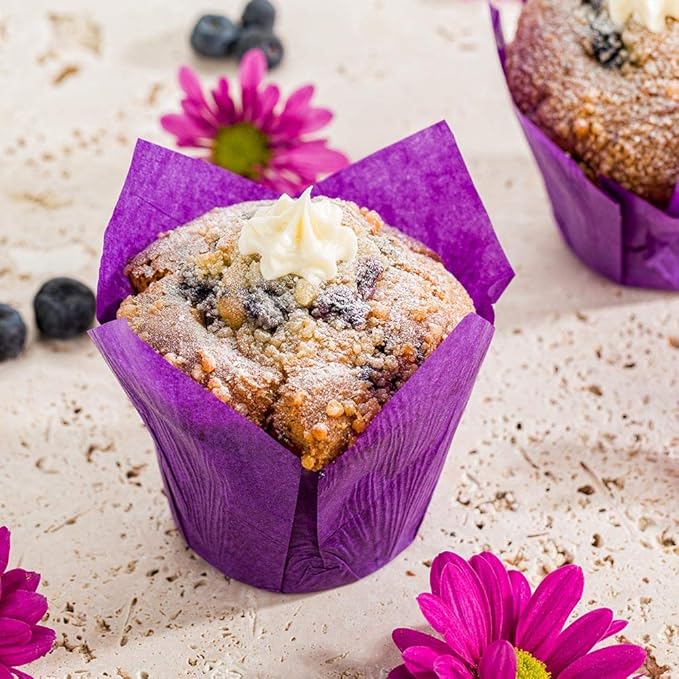 Restaurantware Panificio 4 Ounce Tulip Baking Cups 200 No Oil Spills Paper Baking Cups - Disposable Oven-Ready Purple Paper Muffin Liners No Burn or Curl For Weddings Birthdays Bridal Showers