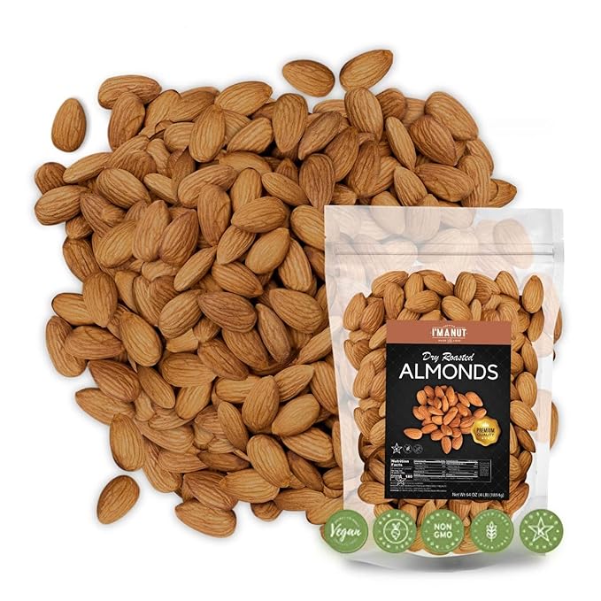 Dry Roasted Almonds Unsalted 48 oz (3 lbs) Batch Tested Gluten & Peanut Free | No Oil | Whole | No PPO | Non-GMO | No Herbicide | Healthy Protein Boost | Premium Quality | Try the difference