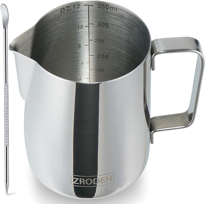 Milk Frothing Pitcher, Thicker Version 12oz Espresso Steaming Pitchers Stainless Steel Cappuccino Coffee Machine Accessories Barista Tools Steamer Pitchers Milk Jug Cup with Decorating Pen Latte Art