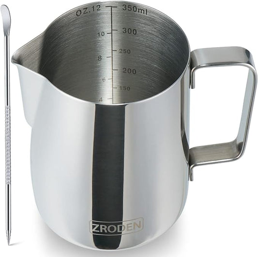 Milk Frothing Pitcher, Thicker Version 12oz Espresso Steaming Pitchers Stainless Steel Cappuccino Coffee Machine Accessories Barista Tools Steamer Pitchers Milk Jug Cup with Decorating Pen Latte Art