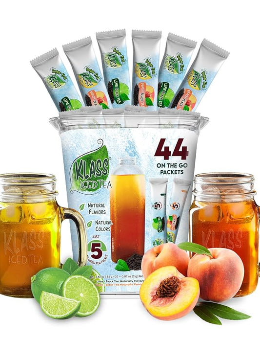 Klass Iced Tea Drink Mix - Sugar Free Variety Pack - Peach & Lime Black Tea On-The-Go! (44 Count Powder Stick Packs) 5 Calories Per Packet