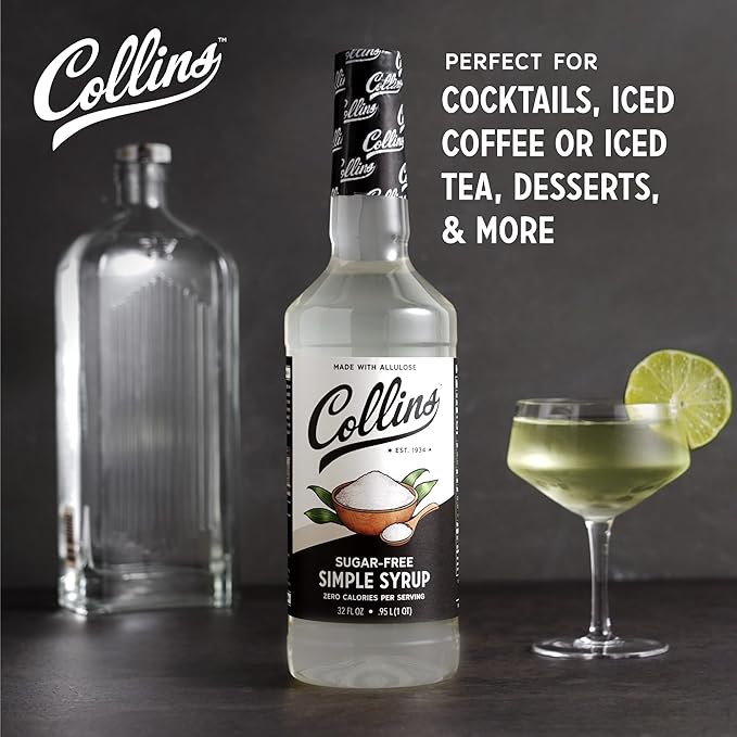 Collins Sugar Free Simple Syrup For Drinks, Allulose Coffee Syrups, Low Carb Cocktail Sweetener Keto 32oz. Set of 1