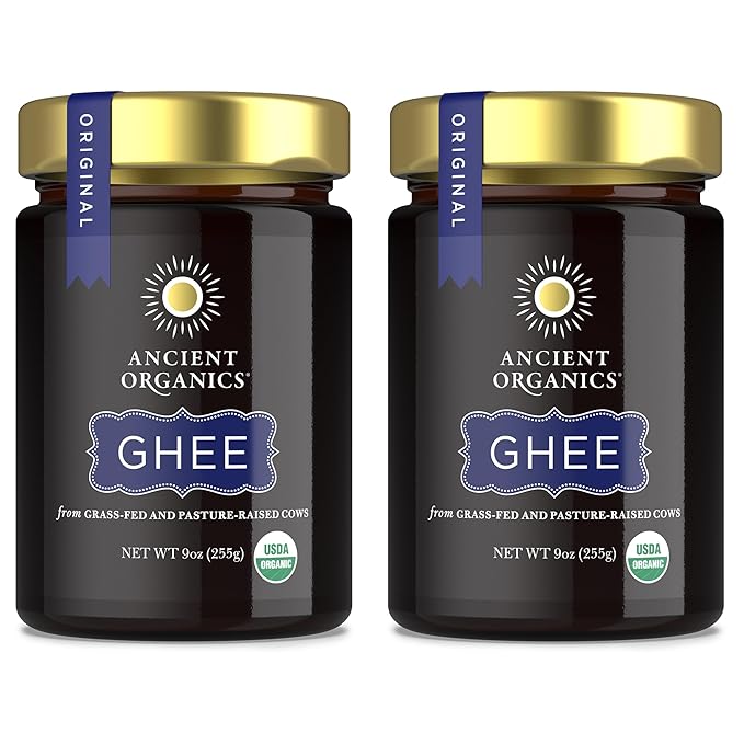 Ancient Organics Ghee - Organic Grass Fed Ghee Butter, Gluten Free, Clarified Butter, Vitamins & Omegas, Lactose Reduced, Kosher, USDA Certified - 9 Oz (Pack of 2)