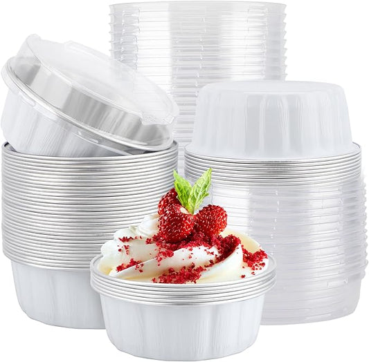 EUSOAR Muffin Liners for Baking, 50pcs 9oz White Foil Ramekins, Aluminum Desert Cups with Lids Bread Pudding Disposable Creme Brulee Ramekins Round Holders for Wedding Birthday Theme Party