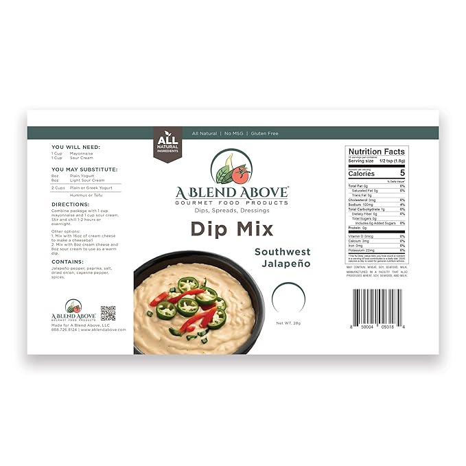 A Blend Above Southwest Jalapeno Dip Mix, 3 Packs, 1 oz. Each, Makes 16 Ounces, Gluten-Free, No MSG, All Natural, No Preservatives, Vegan Friendly, Keto Friendly, Vegetable Dip, Chip Dip, Low Carb, Easy to Make