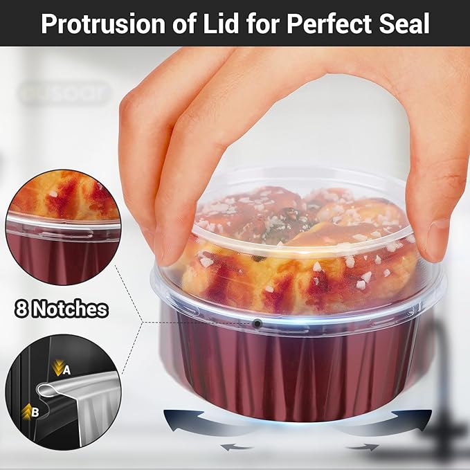 EUSOAR Disposable Creme Brulee Ramekins, 30pcs 5oz Disposable Aluminum Foil Cupcake Liners Ramekins Baking Cups, Dessert Cups with Lids Mini Aluminum Cheesecake Bundt Cake Pan-Wine Red