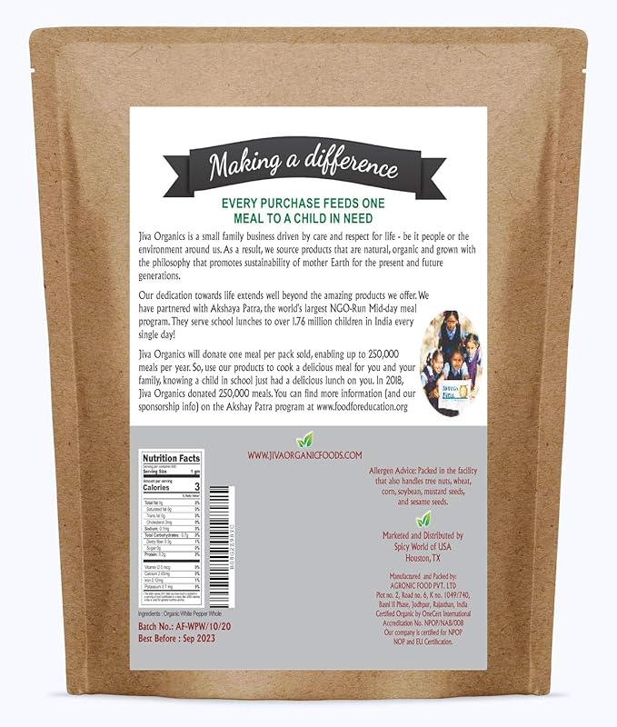 Organic White Peppercorns Whole 14Oz Bulk Bag - Non-GMO, Pure Whole Peppercorns for Grinder Refill by Jiva Organics