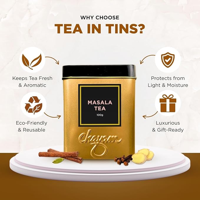CHAYAM Indian Masala Chai Tea - 100g/3.53oz each | Premium Tin Pack | Exotic Spiced Tea Blend With Ginger, Clove, Cinnamon & Cardamom | 50+ cups | 100% Real Ingredients with No Sugar - Pack of 2