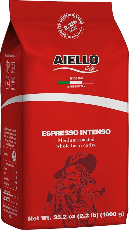 Aiello Caffe Italian Espresso Coffee Beans 2.2 LB Bag, Medium Whole Bean Coffee Freshly Roasted and Blended in Southern Italy, Intenso