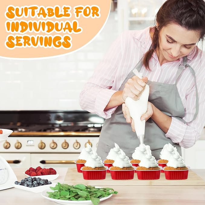 Aoriher 150 Pieces 10 oz Mini Cake Pans with Lids Aluminum Foil Baking Cups Square Disposable 4" x 4" Large Cupcake Cups Baking Tins for Kitchen Brownie Pudding Desserts Holders(Red)
