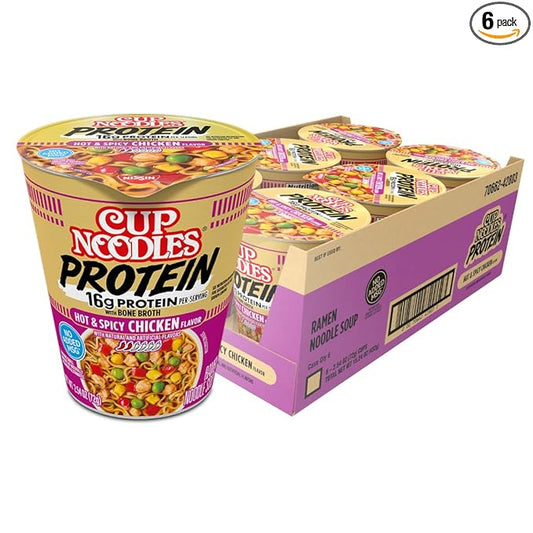 Nissin Cup Noodles Protein Ramen, Chicken Flavor Spicy Ramen with Bone Broth, 16g Protein, 2.54 Ounce Cup (Pack of 6)