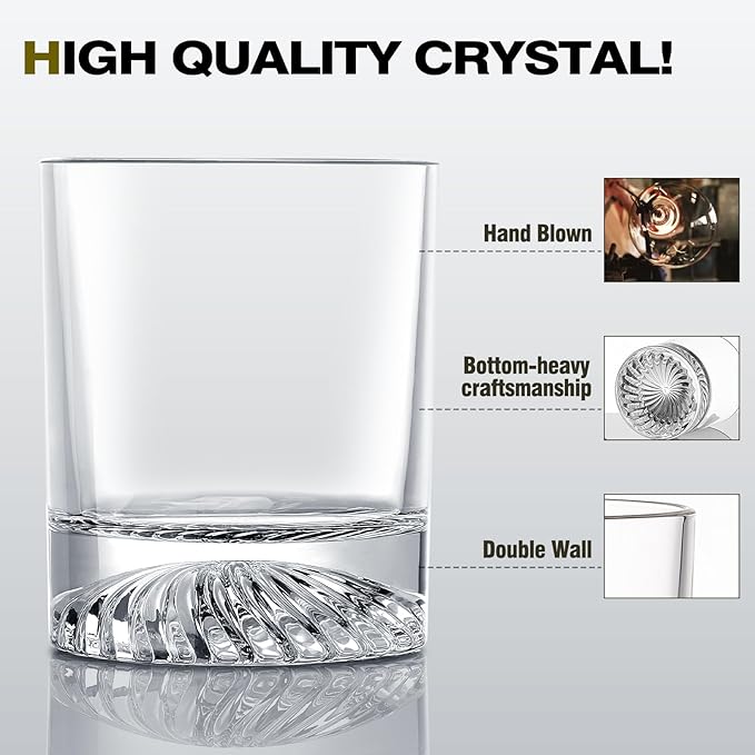 Hand Blown Crystal Old Fashioned Whiskey Glasses Rocks Glasses Drinking Cocktail Bourbon Scotch Rum Vodka Liquor 12 OZ - set of 2 Gifts for Men