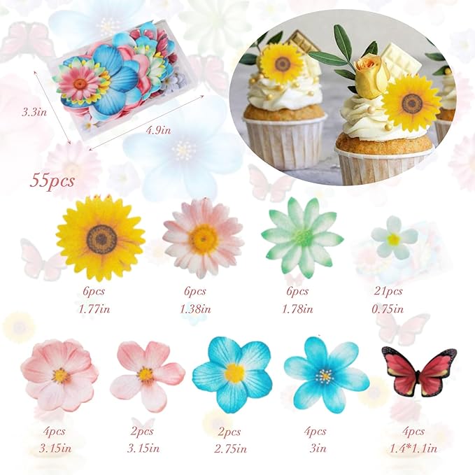55 Pcs Edible Flowers Cake Decorations - Edible Wafer Paper Flowers & Butterflies Cupcake Toppers for Wedding Birthday Party Cake Decorating (Mixed Size & Colour)