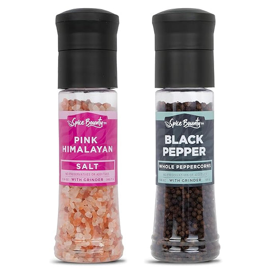 Spice Bounty Pink Himalayan Salt 12.9 oz and Whole Black Pepper 5.8 oz Grinder Set ??Coarse Salt and Peppercorns with Adjustable Grinders ??Gourmet Seasoning Duo for Cooking & Table Use