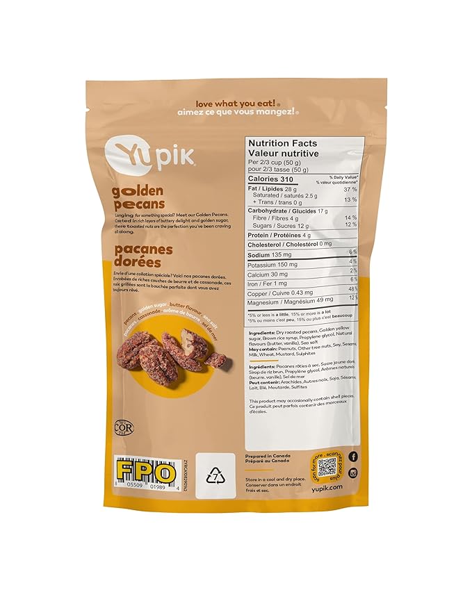 Yupik Toasted Golden Pecans, 5 Oz, Gluten-Free, Kosher, Non-GMO, Sweet Snack, Crunchy Glazed Pecans with Natural Butter Flavor & Sea Salt, Party Snack, Source of Copper & Magnesium