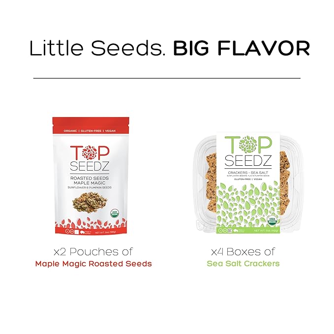 Top Seedz Deluxe Organic Gluten Free Vegan Seed Crackers and Roasted Seeds Bundle | 2 Pouches of Maple Magic Roasted Seeds | 4 Packs of Sea Salt Crackers
