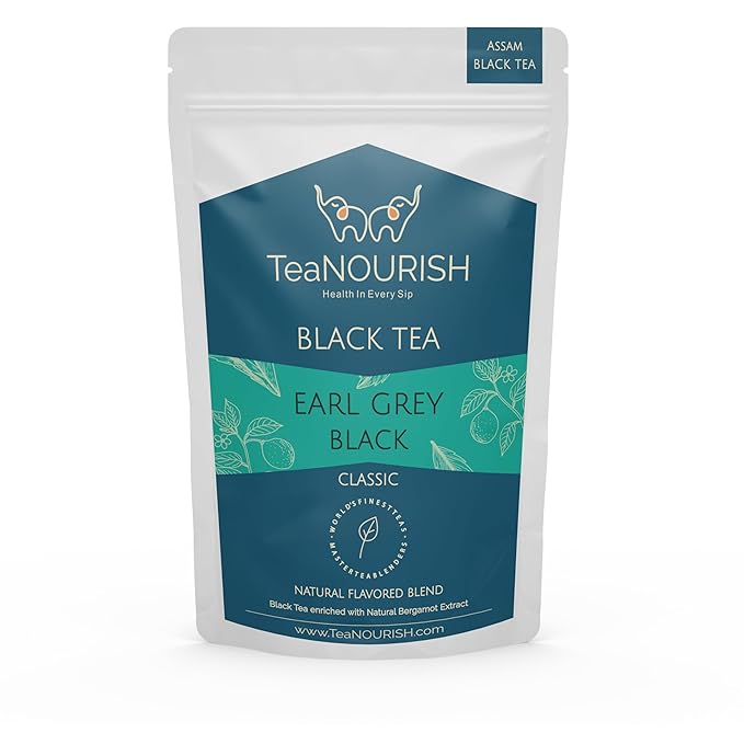 TeaNOURISH Earl Grey Black Tea | Assam Loose Leaf Black Tea Enriched with Natural Bergamot Extract | Full Bodied with Citrusy Notes | 100% NATURAL INGREDIENTS - 3.53oz/100g