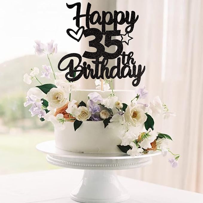 1 Pack Happy 35th Birthday Cake Topper Glitter Heart Star 35 Fabulous Cake Pick Birthday Sign Cake Decorations for Children 35th Birthday Theme Party Supplies Black