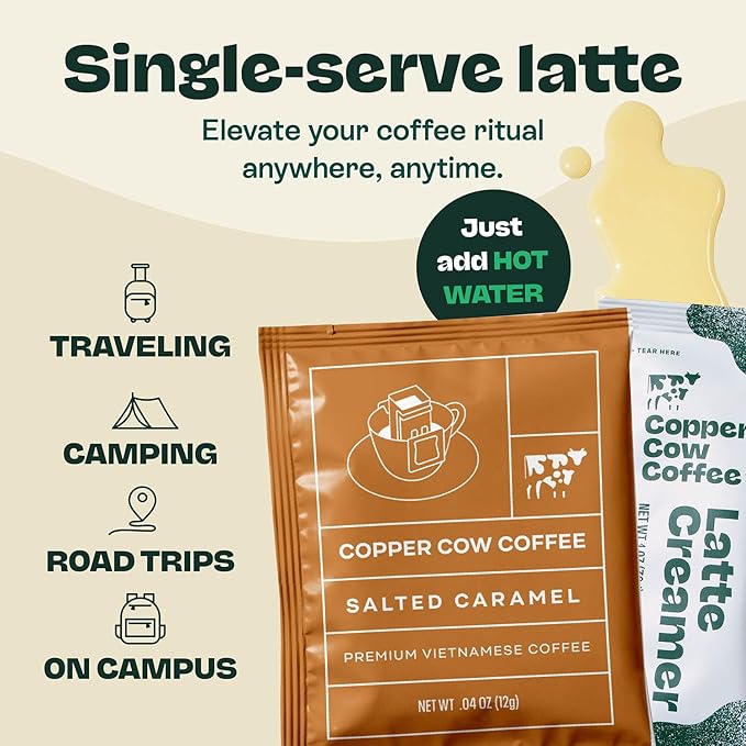 Copper Cow Premium Vietnamese Ground Coffee Variety Pack (15 Coffees & 15 Creamers)| Classic Black, Vanilla, & Salted Caramel Latte | Pour Over Single-Serve Lattes, No Refrigeration Needed