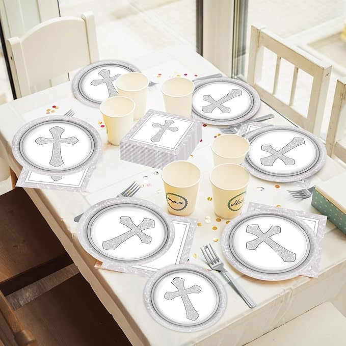 96Pcs Baptism Cross Plates and Napkins First Holy Communion Birthday Party Decorations Gray Religious Christening Ceremony Dessert Plates Tableware Set for 24 Guests Cross Baptism Party Supplies