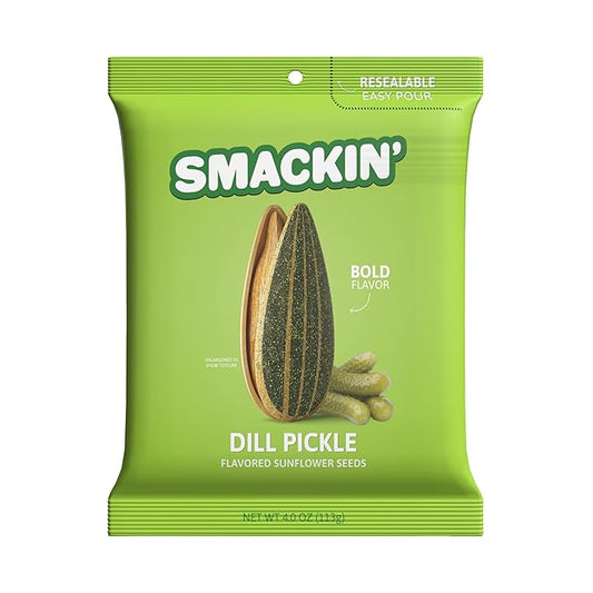 SMACKIN' - Jumbo Roasted Sunflower Seeds, No Salty Burn, American Made, Easy Pour & Seal - Dill Pickle, 4oz bag (12 Bags)