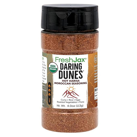 FreshJax Daring Dunes Hot Moroccan Harissa Spice Blend | 4 oz Organic Gourmet Seasoning | Non-GMO, Gluten-Free, Vegan, Keto, Paleo | Smoky, Spicy Heat for Meat, Veggies, Rice, Stews & Marinades