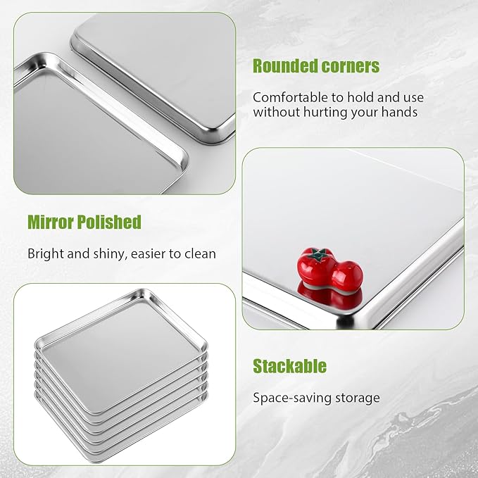 6 Pcs Baking Sheet Set Stainless Steel Cookie Sheet Cookie Baking Pan Bakeware Oven Tray Dishwasher Safe Commercial Grade Pans(12x9.5x1 Inch)
