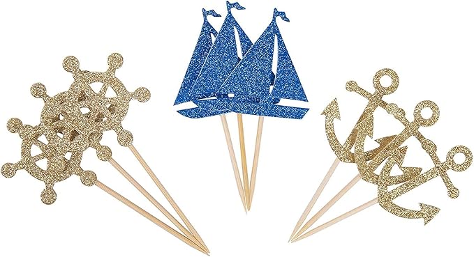 24 Pcs Nautical Theme Glitter Cupcake Picks Cupcake Toppers Food Fruit Picks for Decoration Party Favors