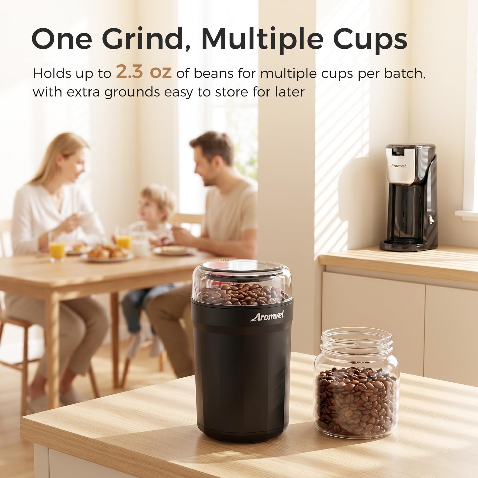 Aromvel Electric Coffee Grinder, 2-in-1 Cleaning Brush & Scoop, Safety Lid