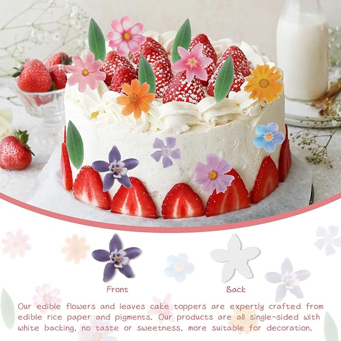 60 Pcs Edible Flowers Cake Decorations - Edible Flowers Wafer Paper Flowers & Leaves Cupcake Toppers for Wedding Birthday Party Cake Decorating (Mixed Size & Colour)