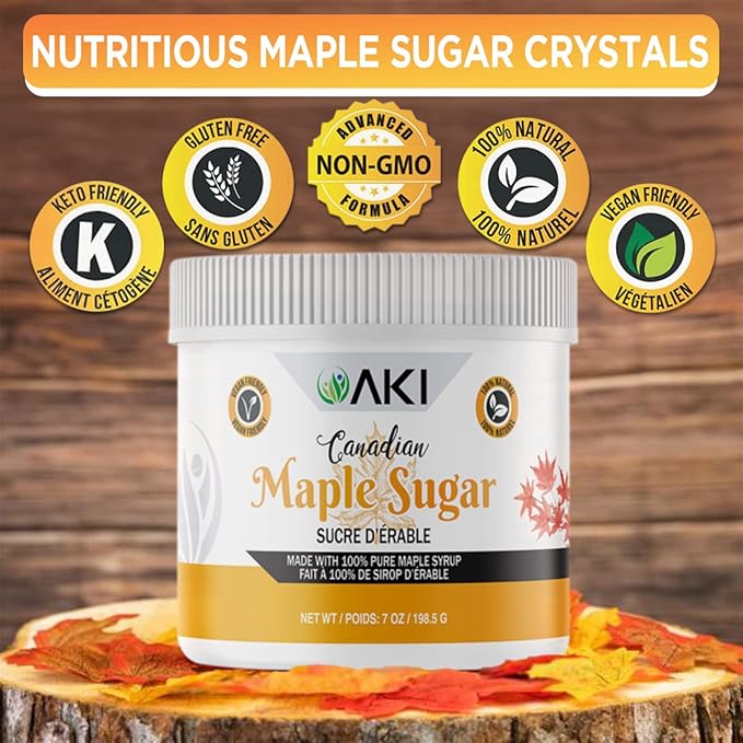 AKI Canadian Maple Sugar Granulated - Light Brown Color (7oz/198.5g) - Made from Grade A Maple Syrup, Good in Vitamins & Antioxidants to Increase Immunity - GMO-free & Vegan - Ideal Substitute for Tea, Coffee, Smoothie, Cocktails & Other Beverages