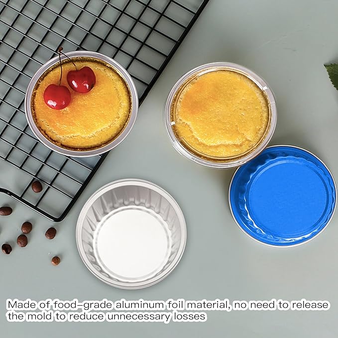 50 Pack Baking Cups with Lids, Aluminum Foil Cupcake Cups Muffin Liners, Disposable Foil Ramekins, Cupcake Holders Dessert Containers Mini Pudding Cups (Blue)