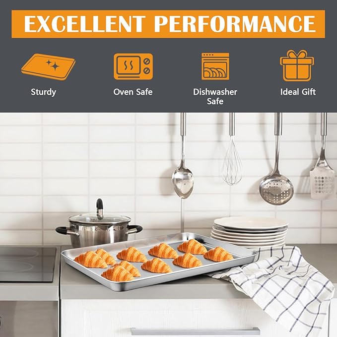 2Pcs Baking Sheet Pan Set, Joyfair Stainless Steel Cookie Sheets, Commercial Metal Pans Toaster Oven Tray Bakeware for Jelly Roll/Bread/Bacon, Heavy Gauge, Rust-free & Dishwasher Safe (17.5 Inch)
