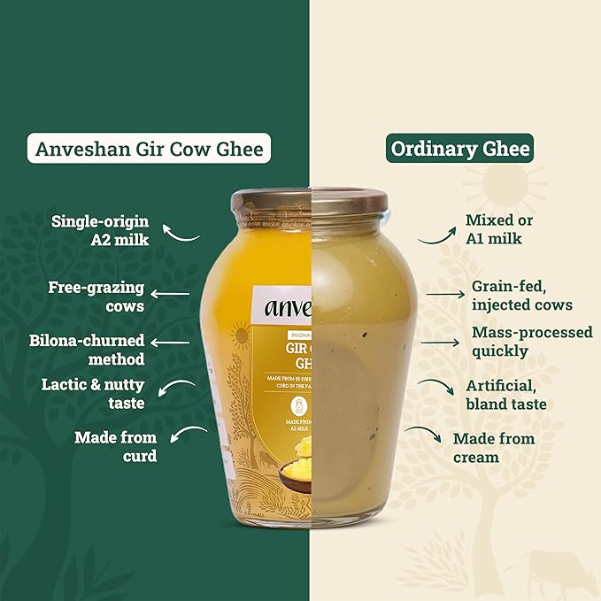 Anveshan A2 Gir Cow Desi Ghee Clarified Butter 33 Fl. Oz/1000mL | Grass-Fed | Pasture-Raised | Traditional Curd-Churned Bilona Method| Ayurveda Superfood | Rich Aroma