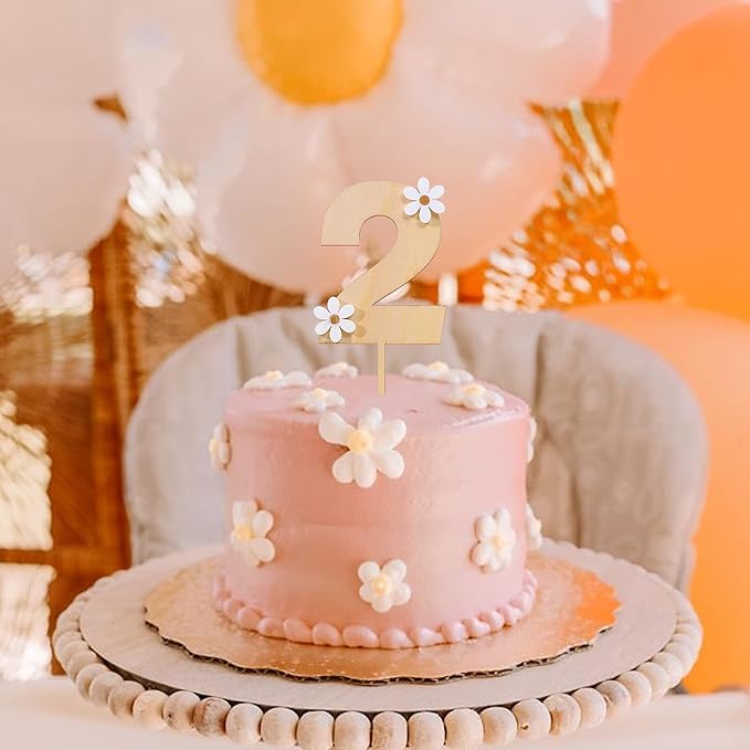 Wooden Daisy Cake Topper - 2nd Birthday Decor, Retro Groovy, Boho, Wooden Cake Decorating Supplies, Second Anniversary