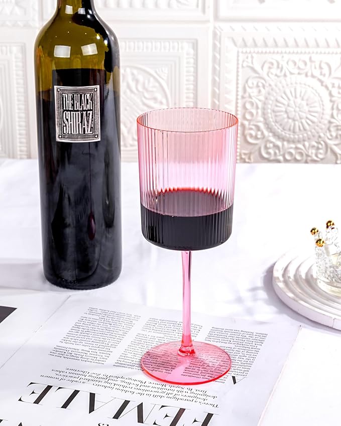 Ciaell 12 PCS Pink Plastic Ribbed Wine Glasses - 10 OZ Plastic Square Wine Glasses with Stem - Disposable Champagne Cups for Parties & Weddings & Party