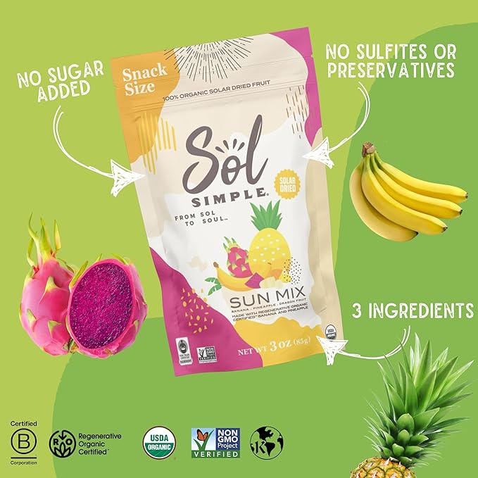 SOL SIMPLE Organic Dried SUN MIX | 3oz Snack Pack (3 Bags Total) | Three Ingredients | Vegan | Non-GMO | No Added Sugar | Fair Trade | Dried Fruit No Sugar Added