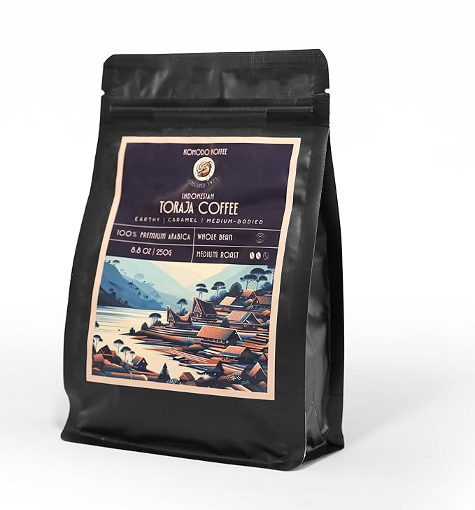 Komodo Koffee Organic Toraja Specialty Coffee sourced from Toraja, Indonesia - Whole bean - Medium Roast 8.8oz (250g)