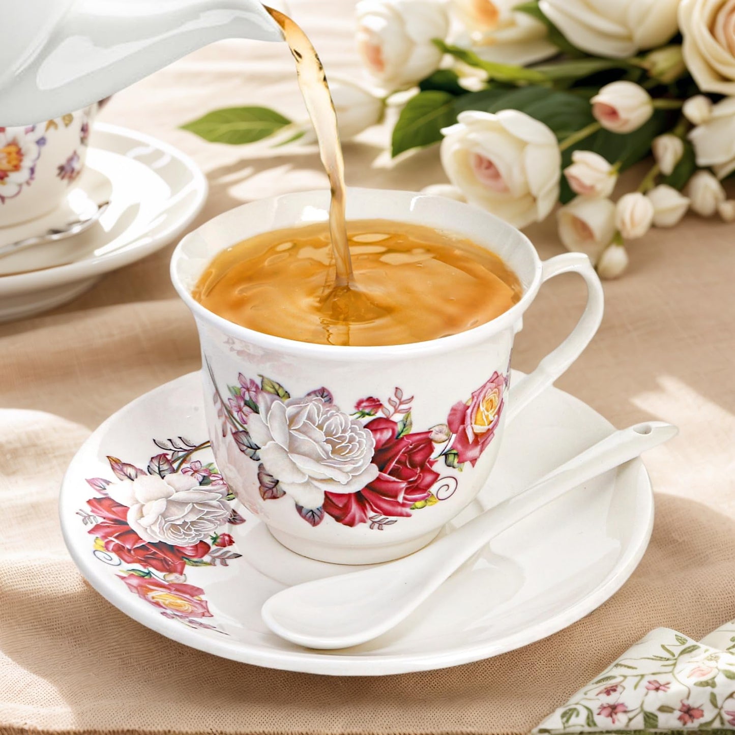 WRINGKIT Tea Cups and Saucers Set of 6, 6 Oz Porcelain Teacup with Spoon