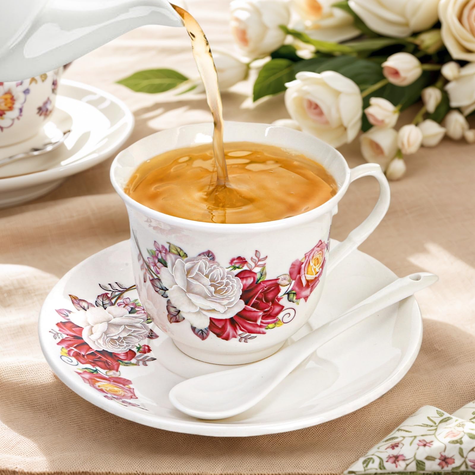 WRINGKIT Tea Cups and Saucers Set of 6, 6 Oz Porcelain Teacup with Spoon
