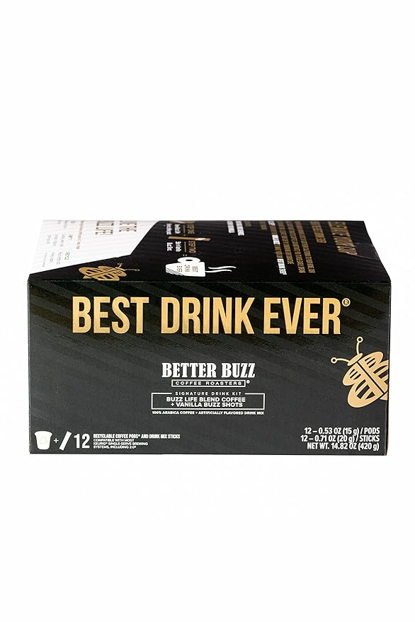 Better Buzz Best Drink Ever Vanilla Latte Single Serve Kit 24ct.,12 Medium Roast Coffee Pods (Buzz Life) & 12 (Vanilla Buzz) Coffee Creamer Powder Stick Packs, K-Cup Compatible